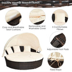 Wicker Outdoor Daybed Round Rattan Sectional Cushioned Sofa Set with Retractable Canopy & Adjustable Coffee Table