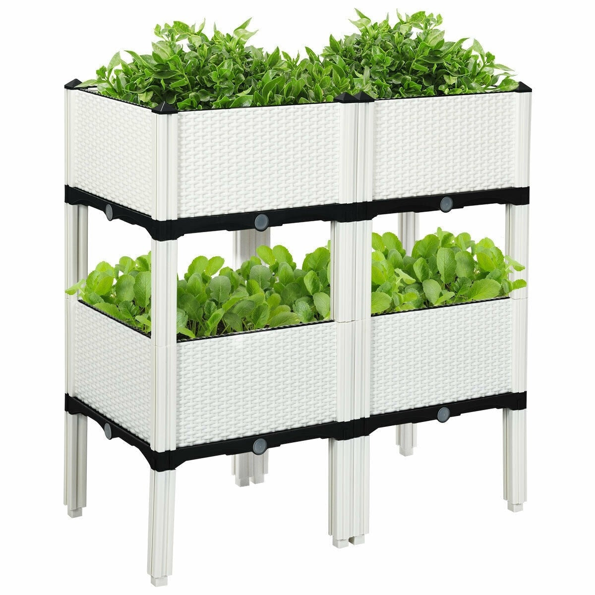 Raised Garden Bed Set of 4 Plastic Elevated Planter Box Kits with Drain Holes & Rattan Wicker Look for Outdoor Indoor Herb Flower Vegetable