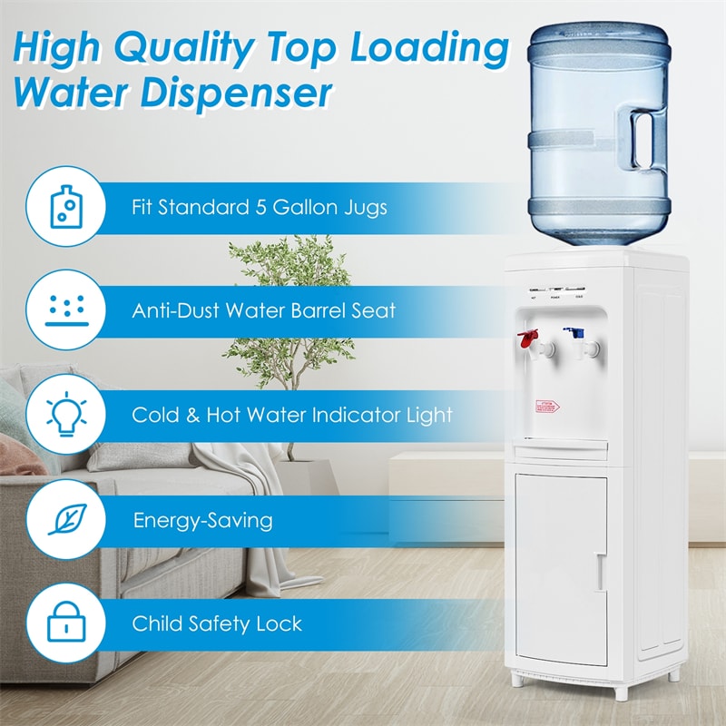 Top Loading Water Dispenser, 5 Gallon Bottle Hot & Cold Water Cooler Dispenser with Child Child Lock & Storage Cabinet for Home Office School