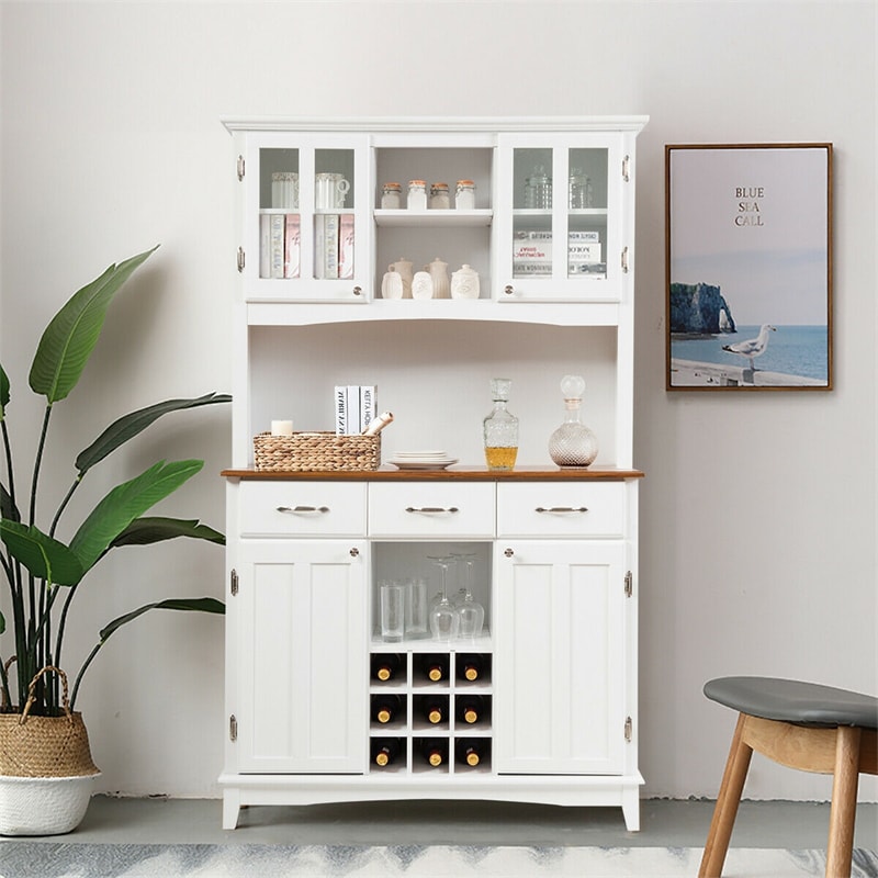 Wood Buffet Hutch Cabinet China Cabinet Kitchen Sideboard Hutch Buffet Cabinet Coffee Station Cabinet with Large Drawers & Modular Wine Racks