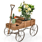 Wooden Wagon Planter with Wheels, Adjustable Handle, 2 Planting Sections, Decorative Garden Cart Planter for Indoor Outdoor, Patio, Backyard