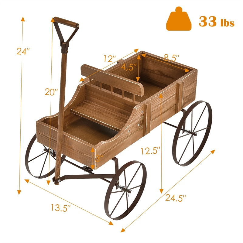 Wooden Wagon Planter with Wheels, Adjustable Handle, 2 Planting Sections, Decorative Garden Cart Planter for Indoor Outdoor, Patio, Backyard