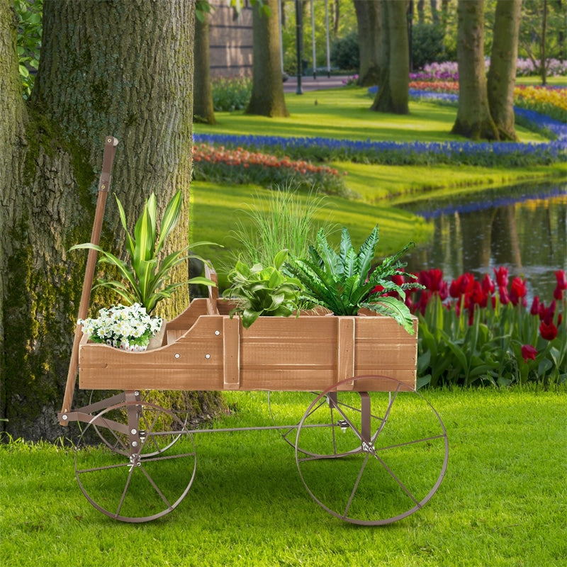 Wooden Wagon Planter with Wheels, Adjustable Handle, 2 Planting Sections, Decorative Garden Cart Planter for Indoor Outdoor, Patio, Backyard