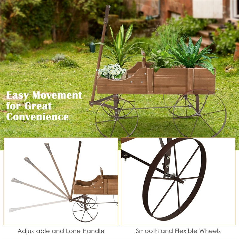 Wooden Wagon Flower Planter Decorative Garden Planter Wagon with Metal Wheels for Backyard