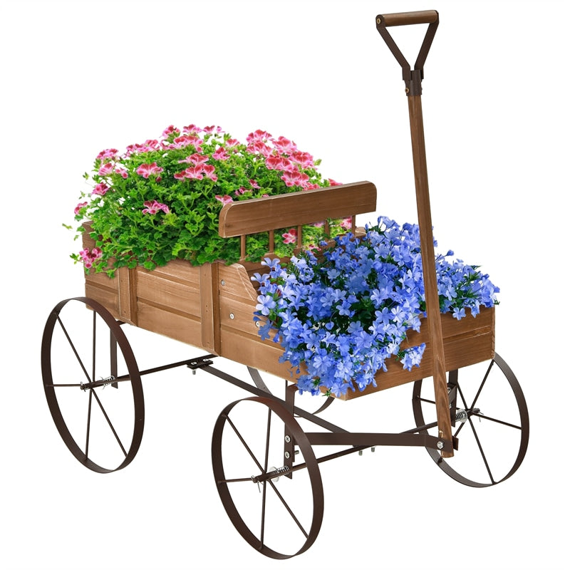 Wooden Wagon Planter with Wheels, Adjustable Handle, 2 Planting Sections, Decorative Garden Cart Planter for Indoor Outdoor, Patio, Backyard