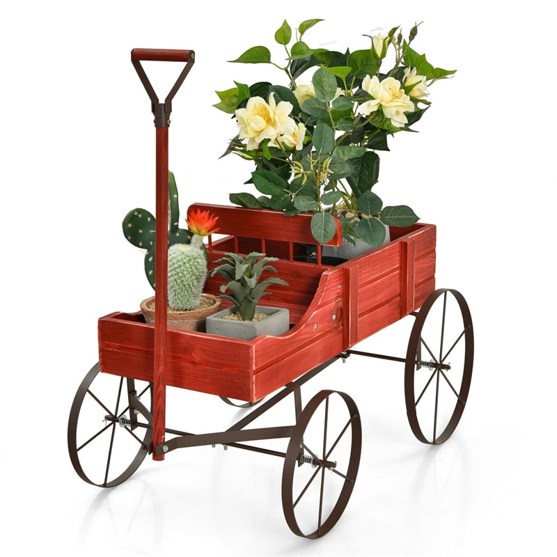 Wooden Wagon Planter with Wheels, Adjustable Handle, 2 Planting Sections, Decorative Garden Cart Planter for Indoor Outdoor, Patio, Backyard