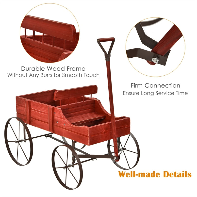 Wooden Wagon Planter with Wheels, Adjustable Handle, 2 Planting Sections, Decorative Garden Cart Planter for Indoor Outdoor, Patio, Backyard