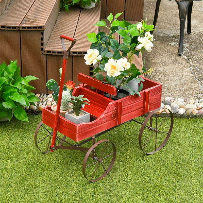 Wooden Wagon Planter with Wheels, Adjustable Handle, 2 Planting Sections, Decorative Garden Cart Planter for Indoor Outdoor, Patio, Backyard