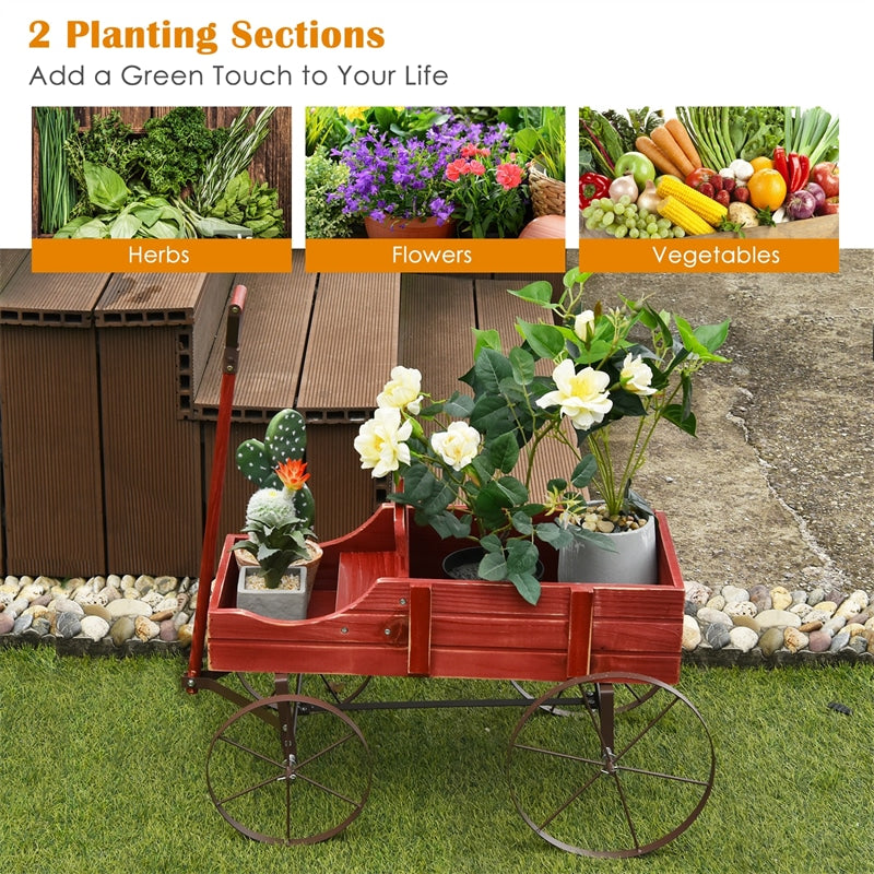 Wooden Wagon Planter with Wheels, Adjustable Handle, 2 Planting Sections, Decorative Garden Cart Planter for Indoor Outdoor, Patio, Backyard