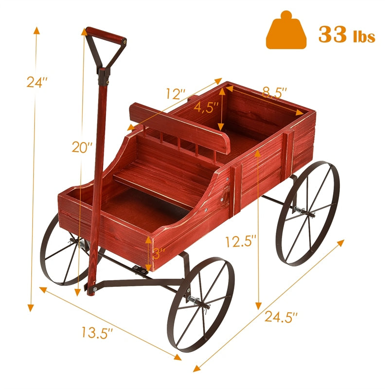 Wooden Wagon Planter with Wheels, Adjustable Handle, 2 Planting Sections, Decorative Garden Cart Planter for Indoor Outdoor, Patio, Backyard