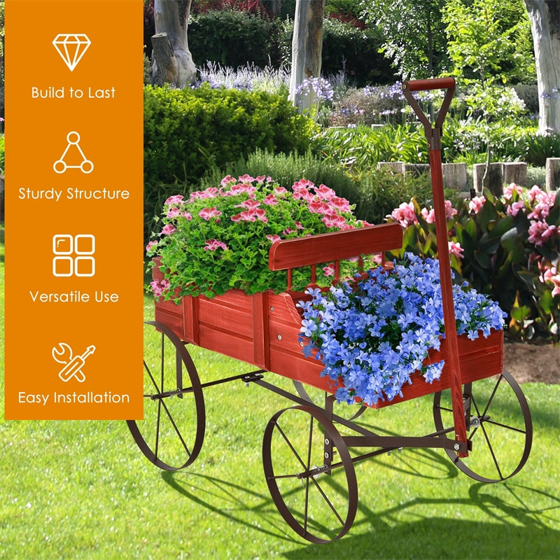 Wooden Wagon Planter with Wheels, Adjustable Handle, 2 Planting Sections, Decorative Garden Cart Planter for Indoor Outdoor, Patio, Backyard