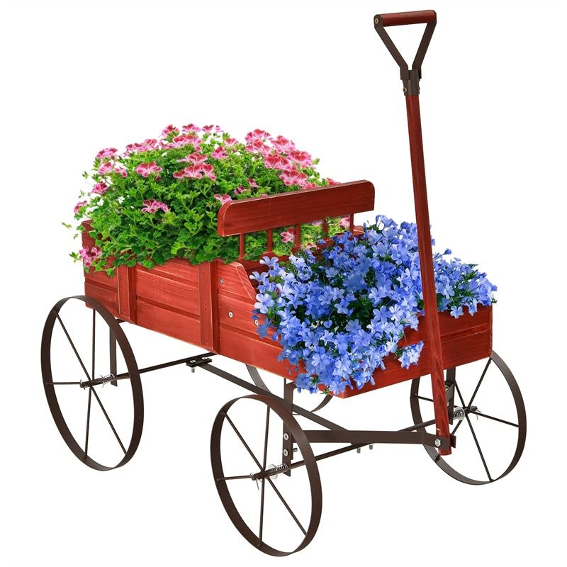 Wooden Wagon Planter with Wheels, Adjustable Handle, 2 Planting Sections, Decorative Garden Cart Planter for Indoor Outdoor, Patio, Backyard