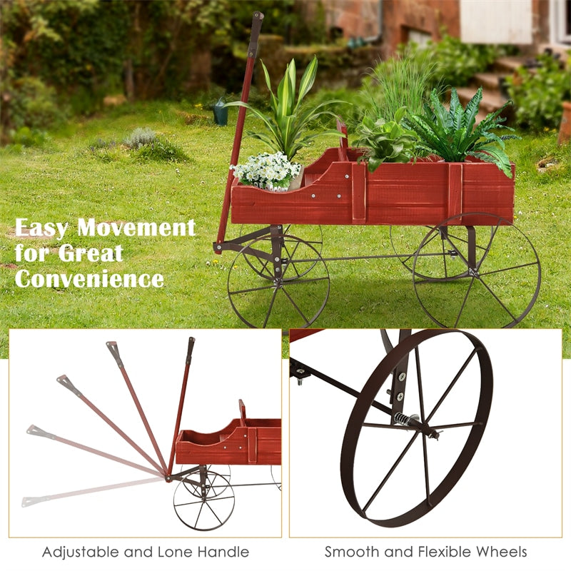 Wooden Wagon Planter with Wheels, Adjustable Handle, 2 Planting Sections, Decorative Garden Cart Planter for Indoor Outdoor, Patio, Backyard