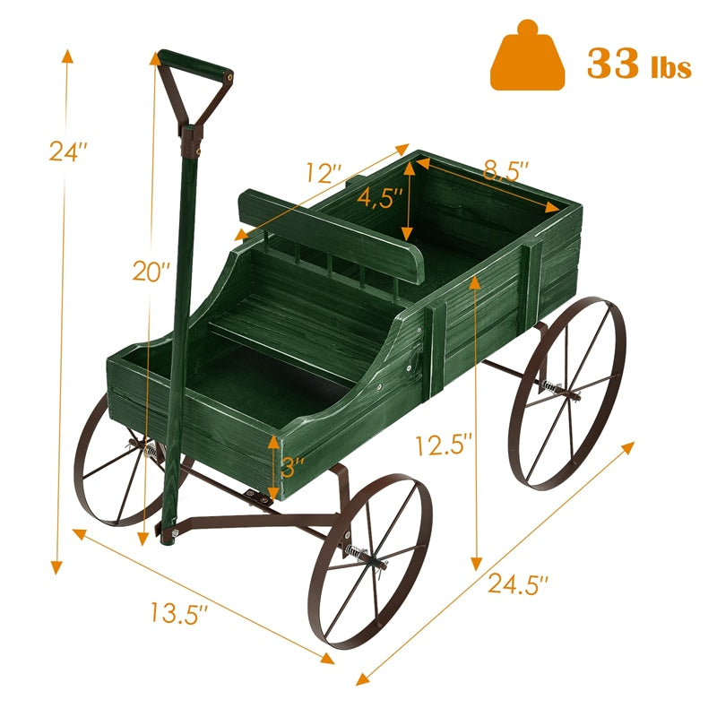 Wooden Wagon Planter with Wheels, Adjustable Handle, 2 Planting Sections, Decorative Garden Cart Planter for Indoor Outdoor, Patio, Backyard