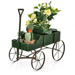 Wooden Wagon Planter with Wheels, Adjustable Handle, 2 Planting Sections, Decorative Garden Cart Planter for Indoor Outdoor, Patio, Backyard