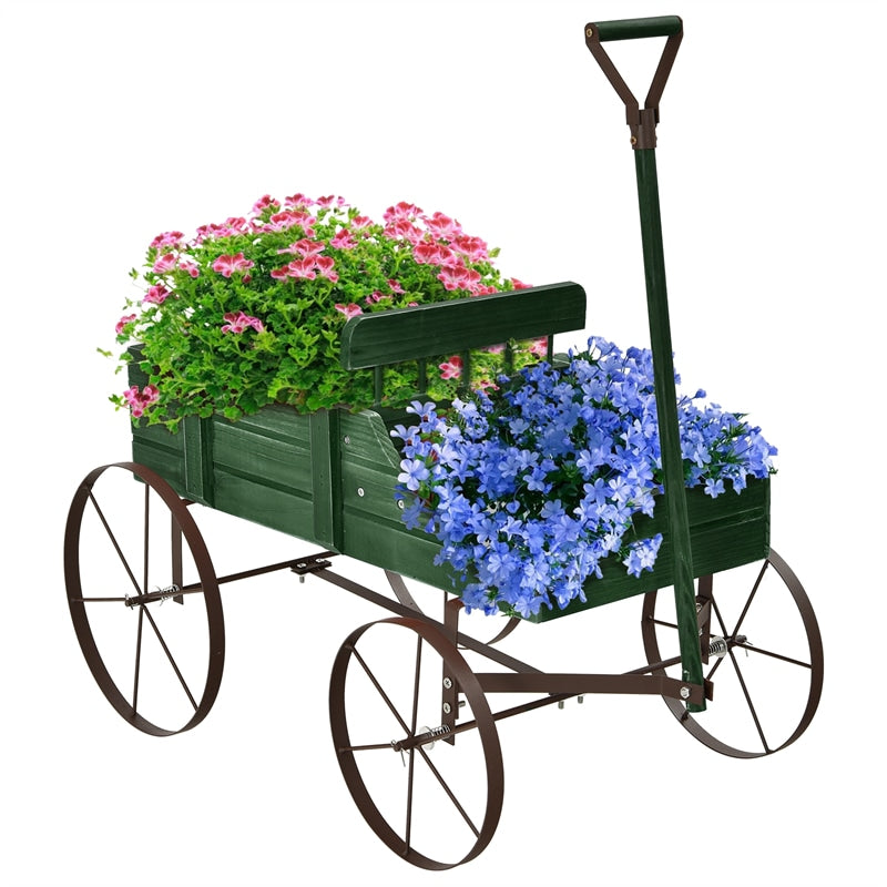 Wooden Wagon Planter with Wheels, Adjustable Handle, 2 Planting Sections, Decorative Garden Cart Planter for Indoor Outdoor, Patio, Backyard