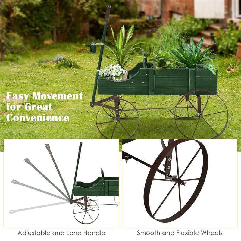 Wooden Wagon Flower Planter Decorative Garden Planter Wagon with Metal Wheels for Backyard