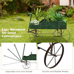 Wooden Wagon Planter with Wheels, Adjustable Handle, 2 Planting Sections, Decorative Garden Cart Planter for Indoor Outdoor, Patio, Backyard