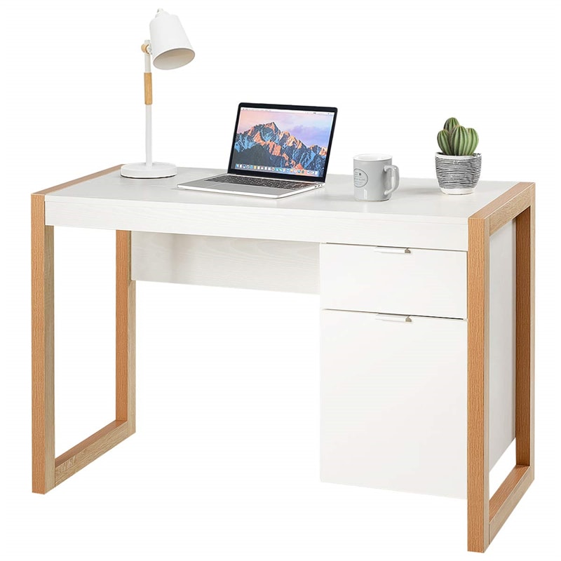 Wooden Home Office Desk White Computer Desk Study Writing Table with Drawer & Cabinet