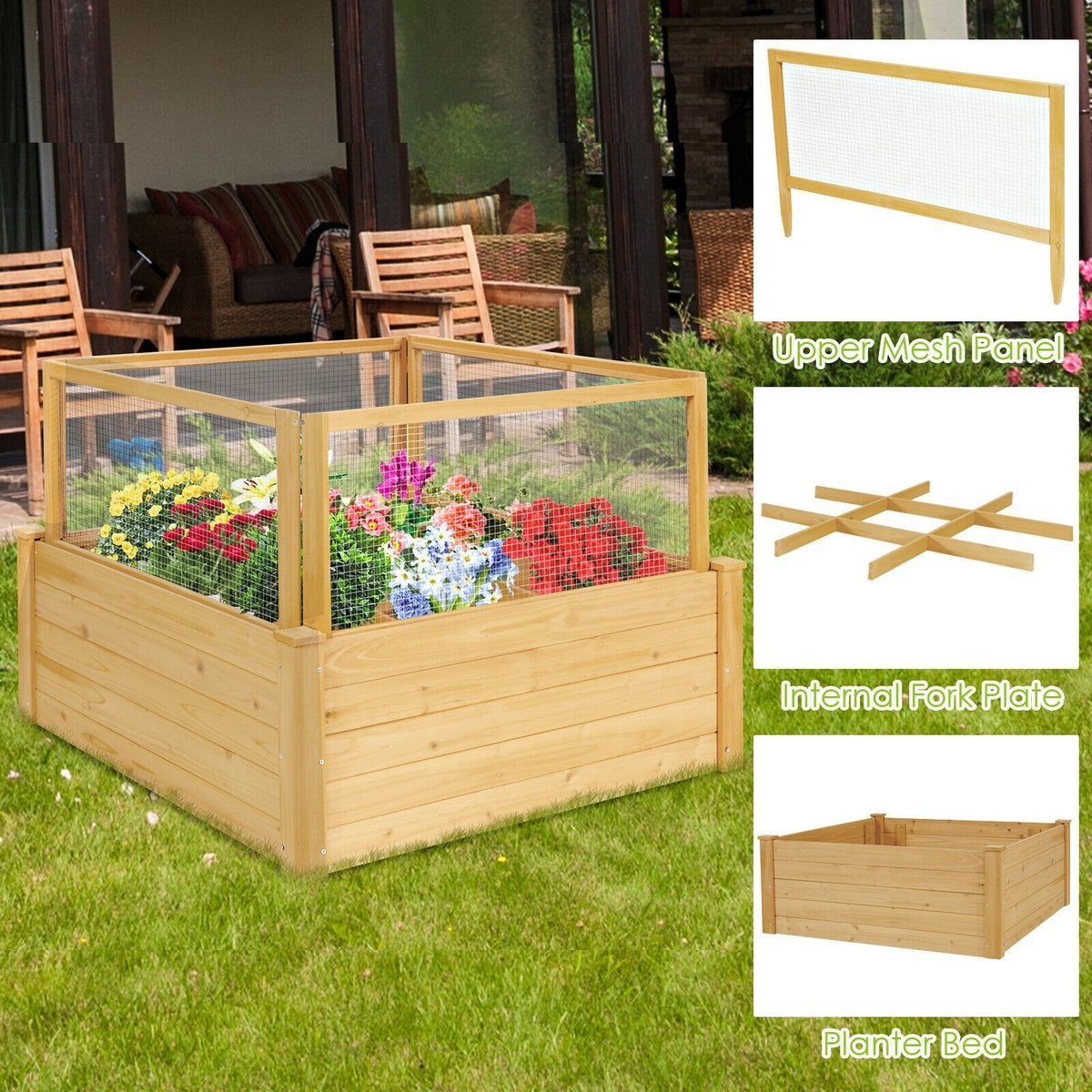 Wooden Raised Garden Bed Outdoor Planter Box with Critter Guard Fence & 9 Grids Plant Container for Patio Backyard Balcony