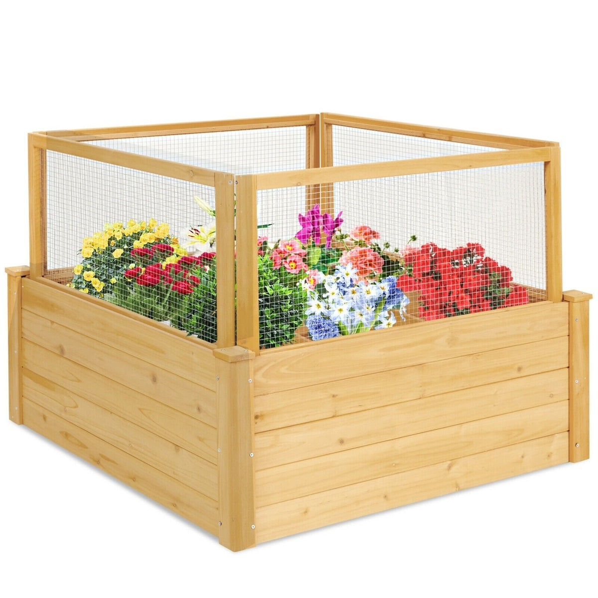 Wooden Raised Garden Bed Outdoor Planter Box with Critter Guard Fence & 9 Grids Plant Container for Patio Backyard Balcony