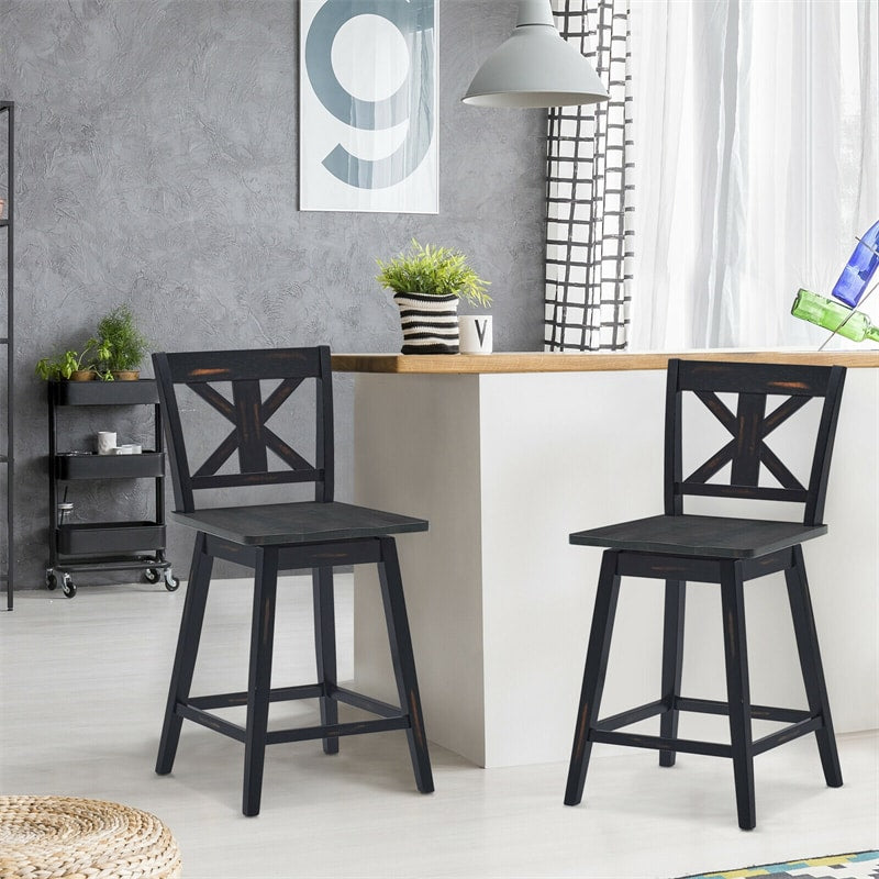 24" Wooden Bar Stools Set of 2 Swivel Counter Height Chairs with Non-Slip Foot Pads