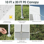 10' x 20' Heavy Duty Party Tent, Outdoor Wedding Tent Waterproof PE Canopy Pavilion Tent with Wind Rope, White Commercial Event Tent for Camping