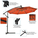 10' Solar LED Offset Patio Umbrella Hanging Market Umbrella Sun Shade with Heavy-Duty Cross Base