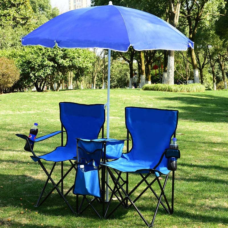 Portable Double Folding Picnic Chair with Umbrella & Mini Table