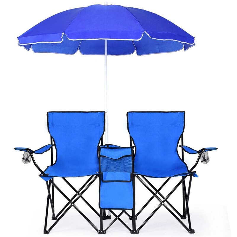 Portable Double Folding Picnic Chair with Umbrella & Mini Table