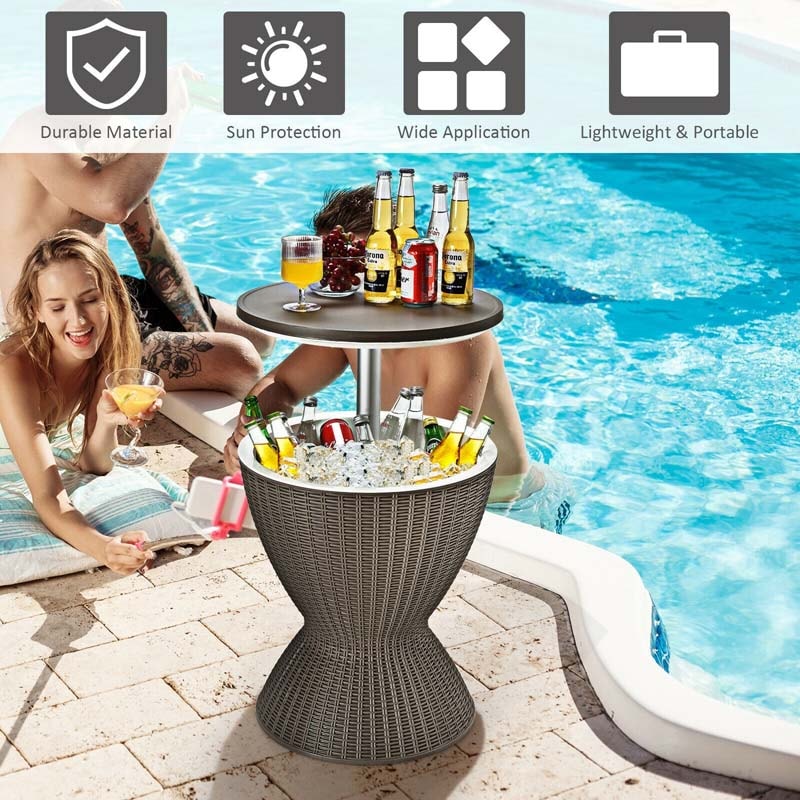 3 in 1 Outdoor Cool Bar Table Rattan Style Patio Cooler Table 8 Gallon Beer Wine Cooler All-Weather Ice Bucket with Retratable Tabletop, Drain Plug