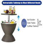 3 in 1 Outdoor Cool Bar Table Rattan Style Patio Cooler Table 8 Gallon Beer Wine Cooler All-Weather Ice Bucket with Retratable Tabletop, Drain Plug