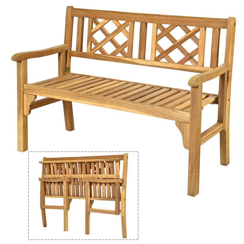 Foldable Wood Patio Bench with Curved Backrest and Armrest - Bestoutdor