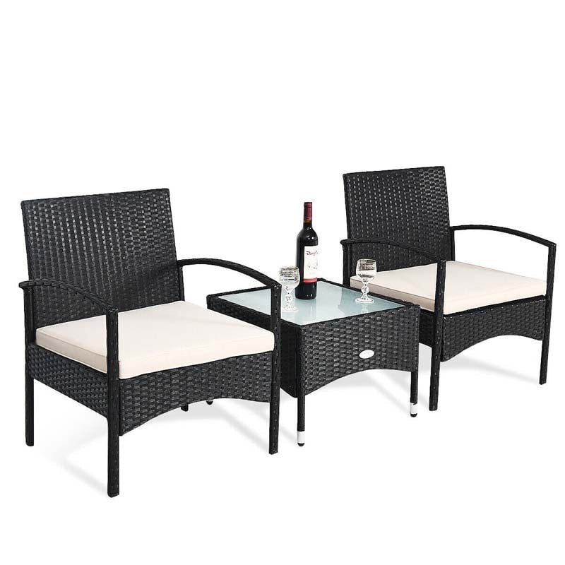 Bestoutdor 3 Pcs Patio Wicker Rattan Bistro Set Coffee Table & 2 Chairs with Cushions