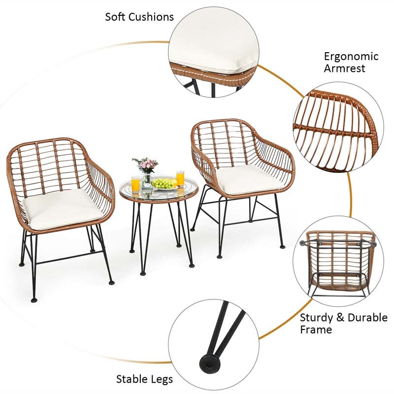 Bestoutdor 3 Pcs Patio Rattan Bistro Set Furniture Set with Tempered Glass Top Table & Cushions