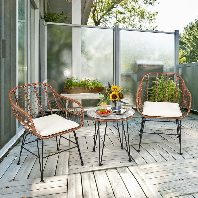 Bestoutdor 3 Pcs Patio Rattan Bistro Set Furniture Set with Tempered Glass Top Table & Cushions