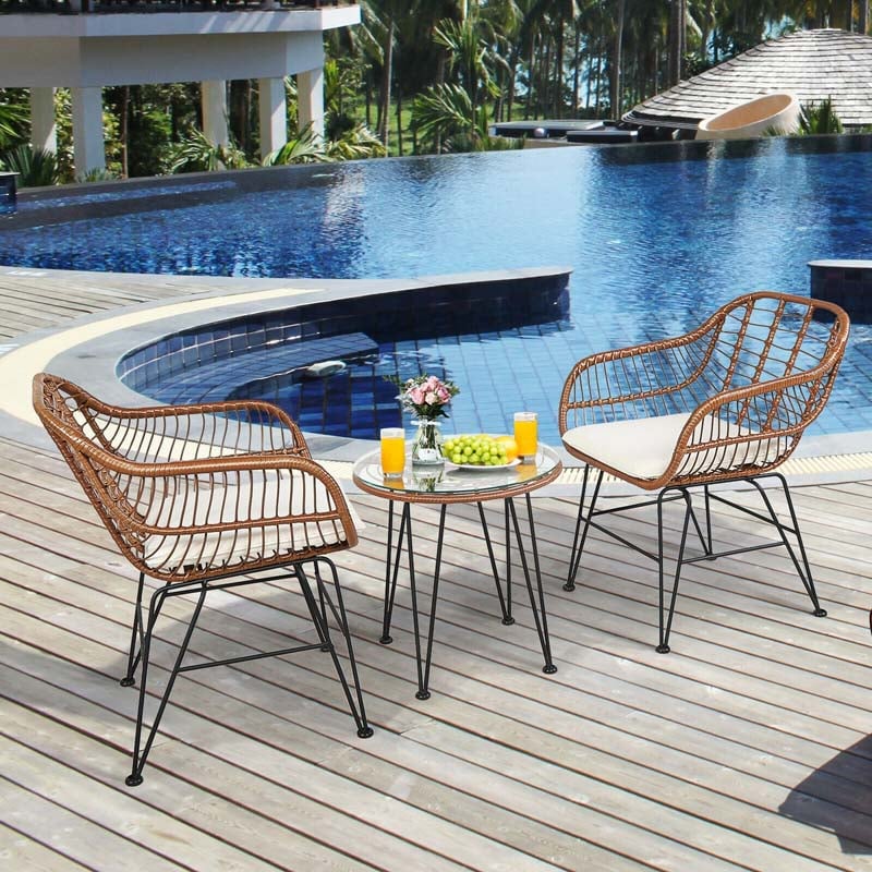 Bestoutdor 3 Pcs Patio Rattan Bistro Set Furniture Set with Tempered Glass Top Table & Cushions