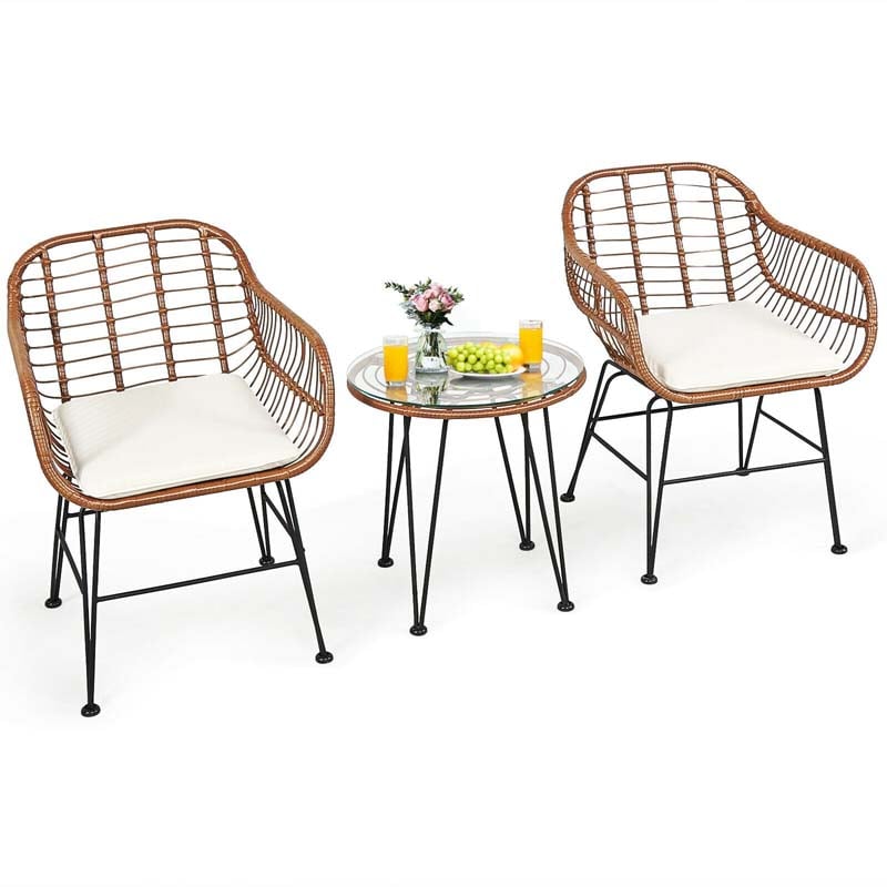 Bestoutdor 3 Pcs Patio Rattan Bistro Set Furniture Set with Tempered Glass Top Table & Cushions