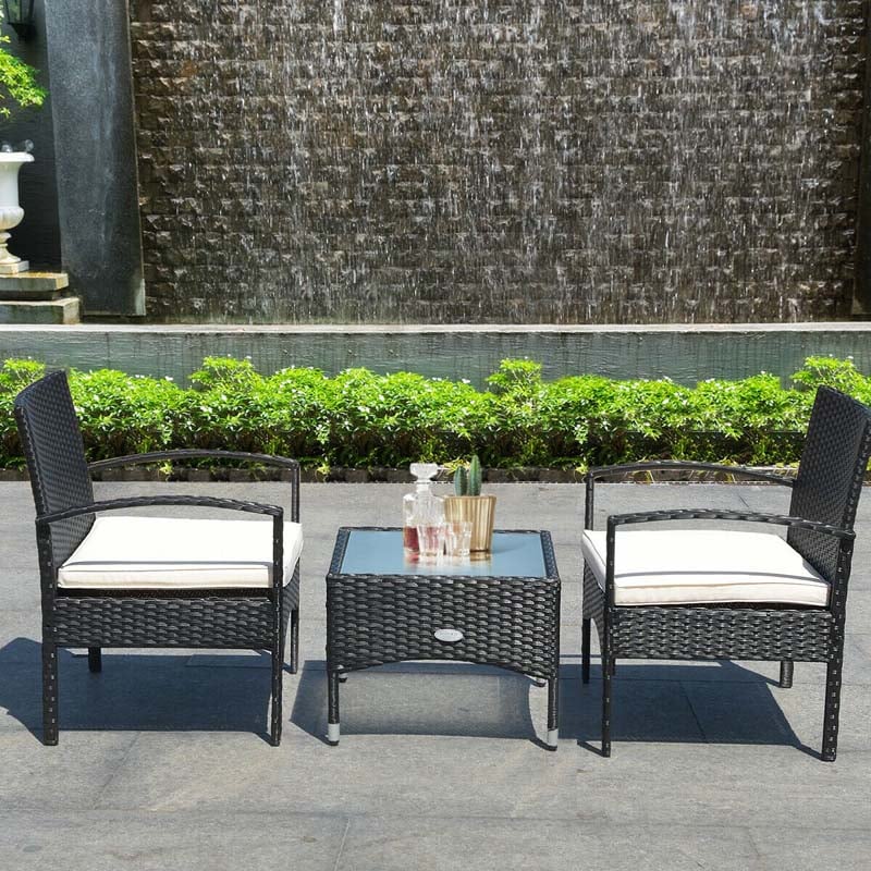 Bestoutdor 3 Pcs Patio Wicker Rattan Bistro Set Coffee Table & 2 Chairs with Cushions