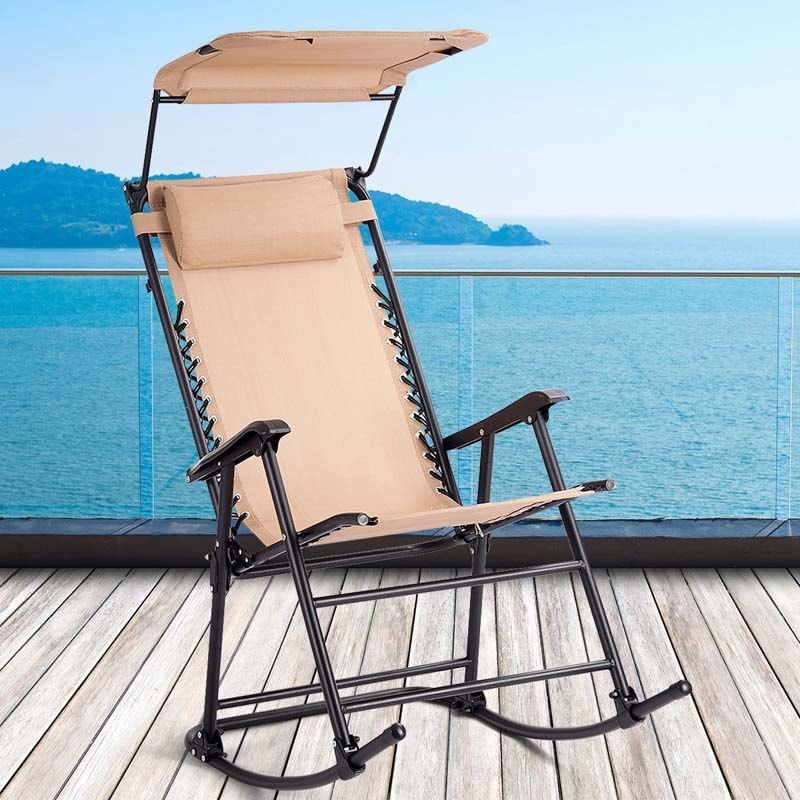 Folding Zero Gravity Rocking Chair Porch Rocker with Shade Canopy Headrest