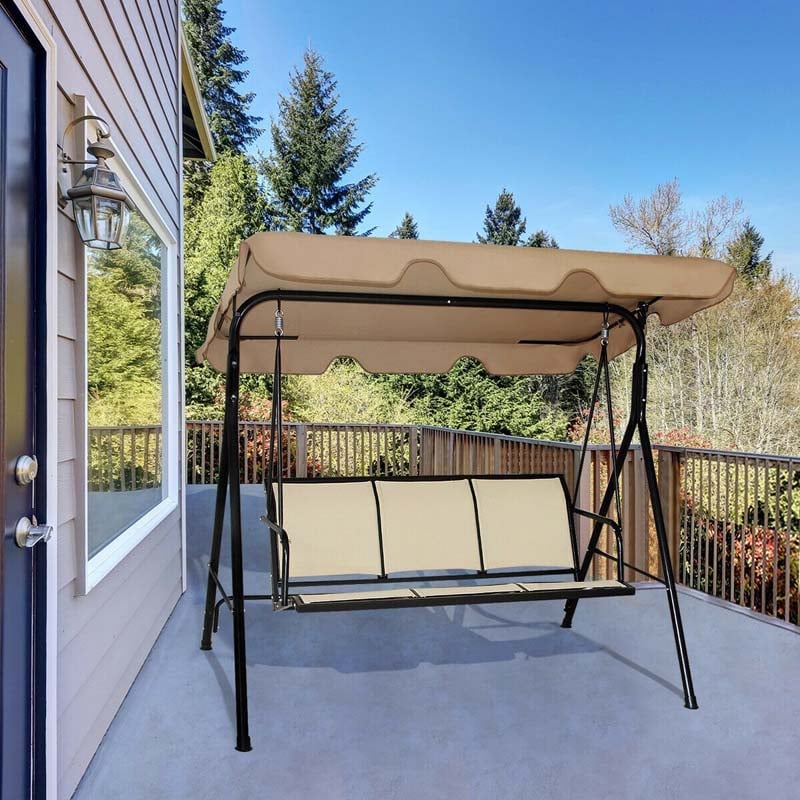 3-Person Porch Swing Steel Frame Patio Swing Bench with Adjustable Polyester Canopy