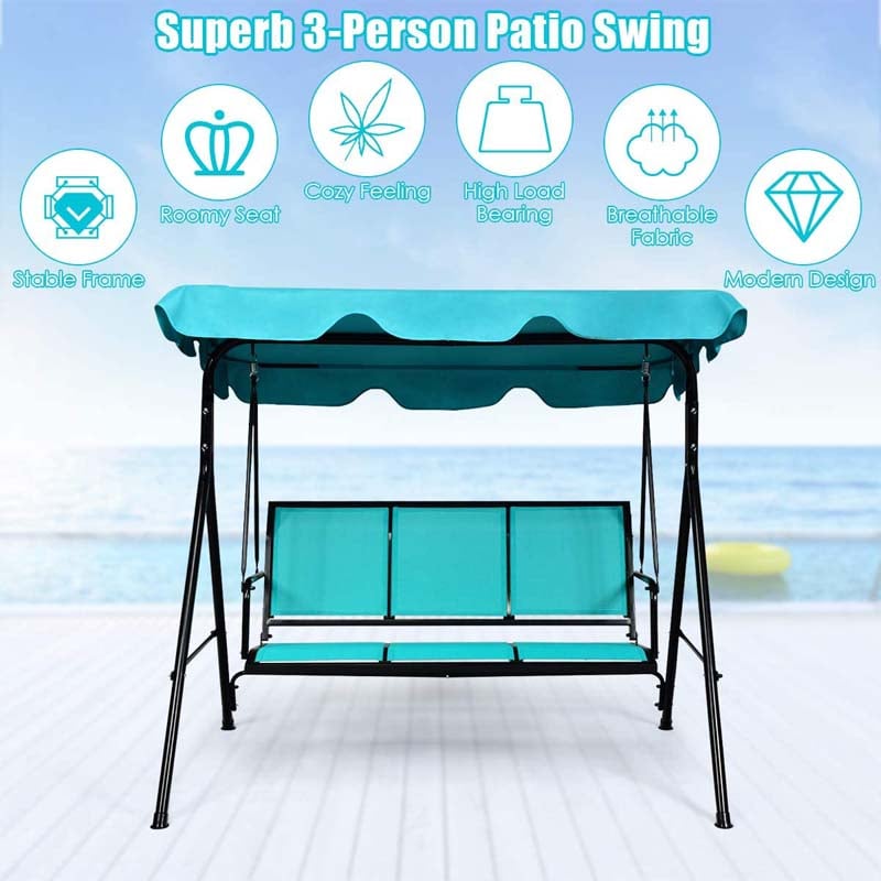 3-Person Porch Swing Steel Frame Patio Swing Bench with Adjustable Polyester Canopy