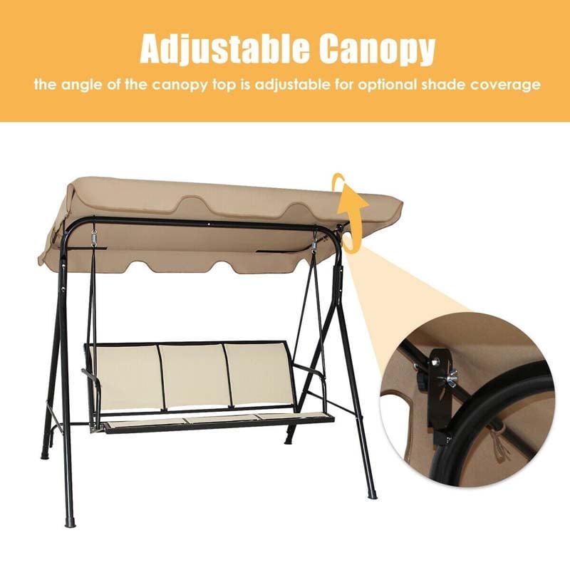 3-Person Porch Swing Steel Frame Patio Swing Bench with Adjustable Polyester Canopy