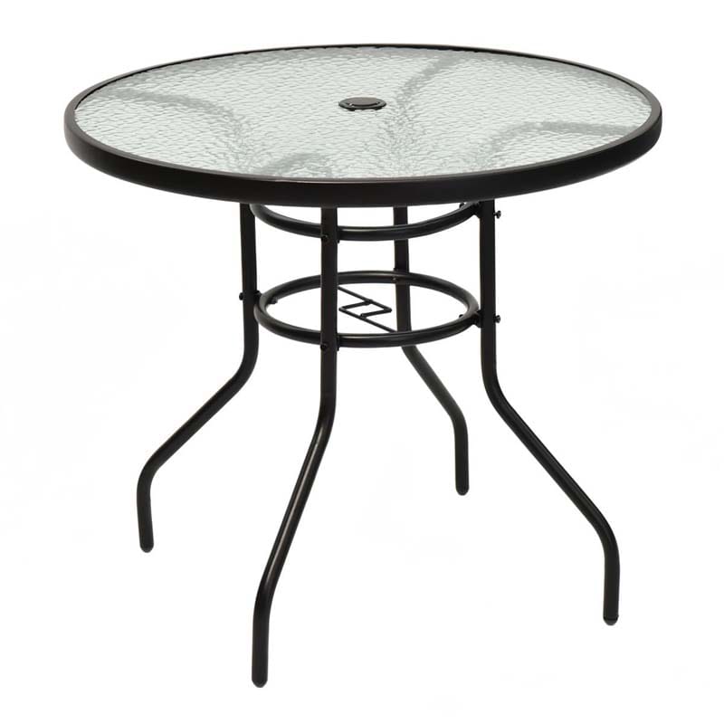 32" Patio Tempered Glass Round Table Outdoor Bistro Table with Umbrella Hole & Sturdy Steel Frame