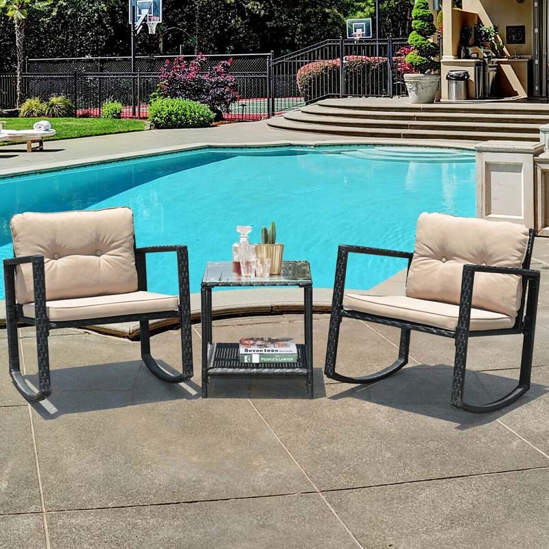 3PCS Patio Rattan Furniture Set with 2 Rocking Chairs, Cushions & Glass Top Coffee Table, Wicker Outdoor Rocker Bistro Set for Lawn Garden